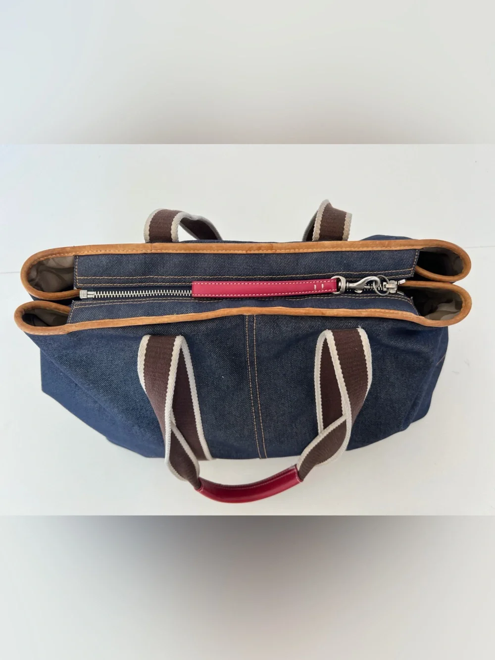 Coach Vintage Y2K Denim Varsity Stripe Large Denim Tote Bag Leather Trim 3K-7544